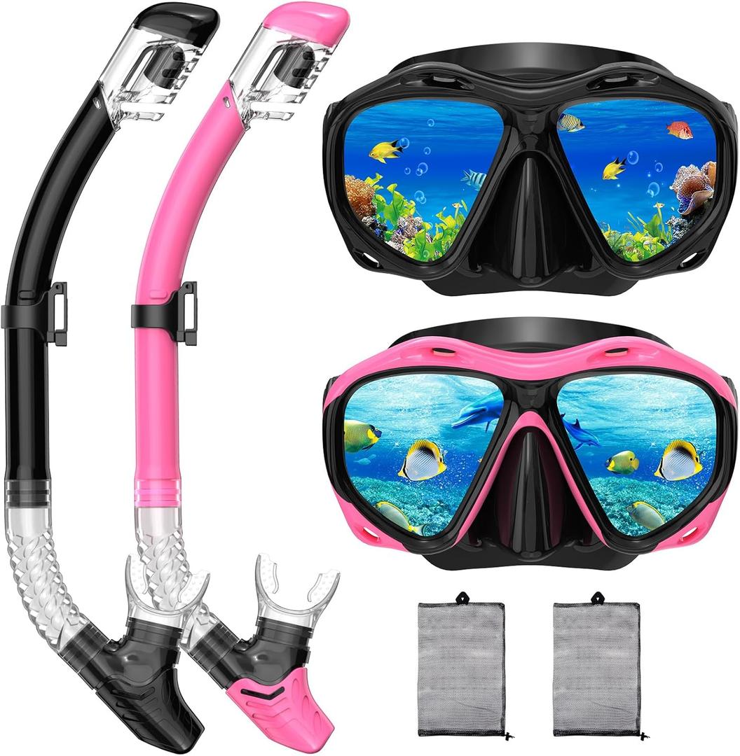 Snorkeling Gear for Adults, Dry Top Snorkel Mask Set, Diving Scuba Mask, Swimming Goggles with Nose Cover, HD Tempered Glass Panoramic Swim Freediving Anti-Leak Anti-Fog Travel Packages (Black+Pink)