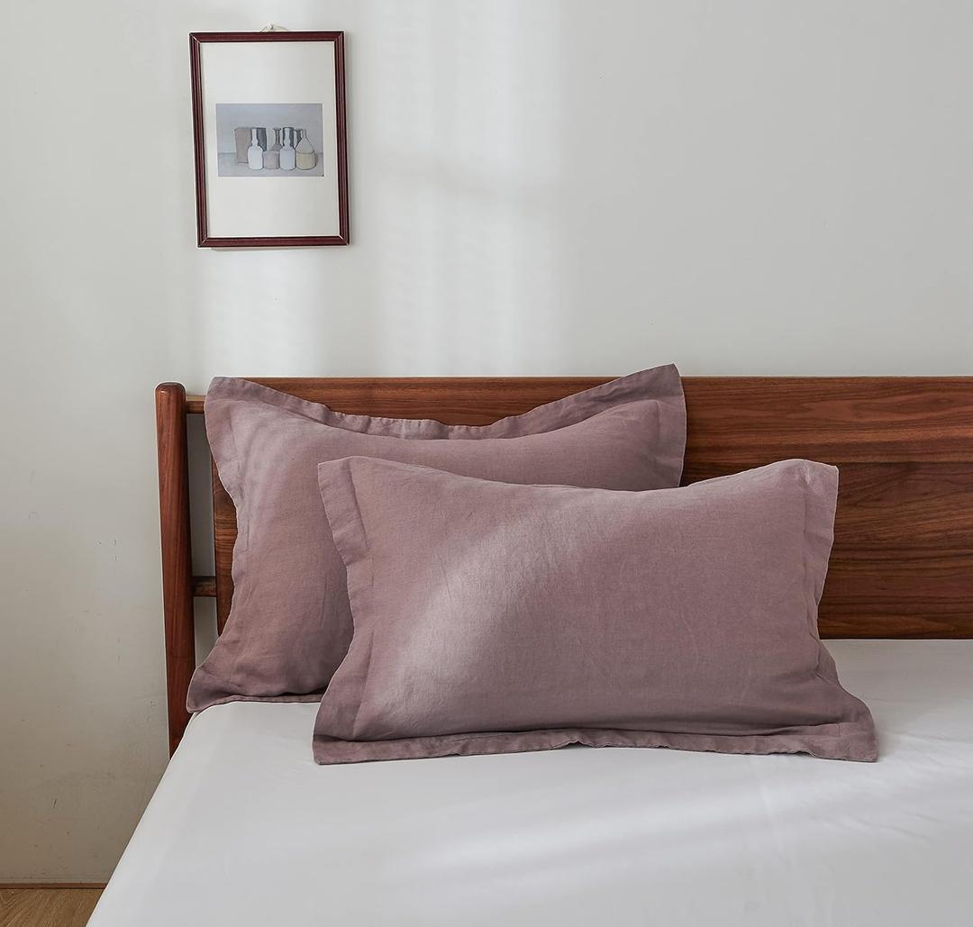 Simple&Opulence 100% French Linen Pillowcase Queen Size-Set of 2- Washed Solid Color Pillow Cases Embroidered -Soft and Durable (Purple, 20''x30'')