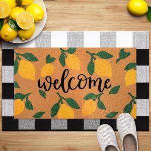 Moucuny 2 Pack Welcome Coir Door Mat Lemon and Buffalo Plaid Floor Mat for Entry Outdoor Indoor Heavy Duty Entryway Entrance Rug for Summer Front Door Porch Patio 35 x 23 and 28 x 16 Inch