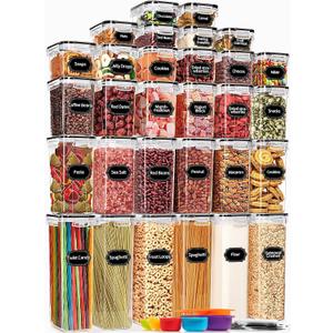 PRAKI 30 Pack Airtight Food Storage Containers for Kitchen Pantry Organizers and Storage, Plastic Kitchen Storage Canisters with Lids,Cereal, Flour & Sugar Containers - Labels, 6 Spoon & Marker (Black-30 Piece)
