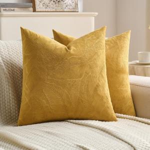 FUTEI Pack of 2 Velvet Throw Pillow Covers 18x18 Inch Soft Embossed Leaf-Relief Textured Decorative Cushion Cases Modern Natural Farmhouse Accent for Couch Bed Living Room, Golden Yellow