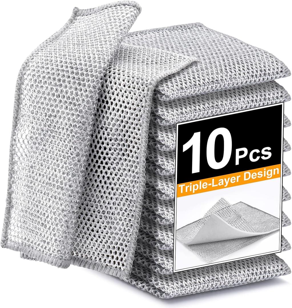 Inkhut Non Scratch Wire Dishcloth, Multipurpose Wire Dishwashing Rag for Wet and Dry, Multifunctional Dish Rags for Washing Dishes Kitchen Cleaning (Three-layer With Absorbent Cotton)