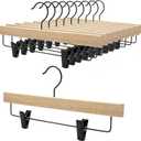 Nature Smile Deluxe Wooden Pants Hangers, Solid Rubber Wood Jeans Skirt Hanger with Black Adjustable Clips and Rotatable Hook Pack of 10 (Natural Varnished)
