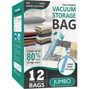 Cozy Essential Vacuum Storage Bags, 80% Compression Vacuum Seal Space Saver Plastic Packaging Bags for Clothes, Blankets, Pillow, Bedding, Comforters, Sealer Clothing Storage,12 Jumbo