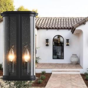 ShinYouneL Outdoor Wall Sconce with Seeded Glass Shade, Black Dual Light Fixture for Exterior, Porch, Patio, Waterproof Vintage Lantern Style Wall Mount Lamp for Garden, Entryway, and Garage
