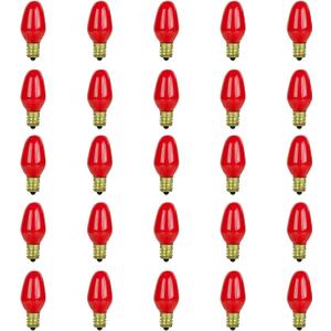 Sunlite 01275 7C7 Incandescent Bulb, 7 Watt, Candelabra E12 Base, C7 Small Night Light, Colored Bulb, Red, 25 Count