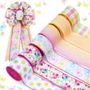 LaRibbons Floral Ribbon Wired 6 Rolls 2.5 Inch x 36 Yards TTL, Pastel Flower Butterfly Ribbon with Striped and Polka Dot Printed for Spring Easter Summer Crafts Wrapping Wreath Bow Basket Decoration (6R - Pink Yellow Set)