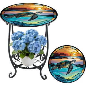 Cinnvoice Outdoor Side Table Round Small Mosaic Patio Accent Indoor End Plant Coffee Tea Table for Yard Patio Porch Garden Living Room, Bedroom(Turtle Style,12 Inch)