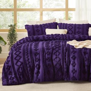 Bedsure Tufted Boho Comforter Set King Size - Purple Boho Bed Set, GentleSoft 3 Pieces Farmhouse Shabby Chic Embroidery Bedding, Gifts for Woman, Soft Jacquard King Comforter for All Seasons (01 - Purple - Elegant)