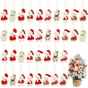 36 Sets 3 Inches Christmas Stuffed Animal Bulk Mini Plush Bear Small Bear Doll Key Chain with Tag Rope Organza Bag for Xmas Tree Decorations Stocking Stuffing Gifts(White, Light Brown)