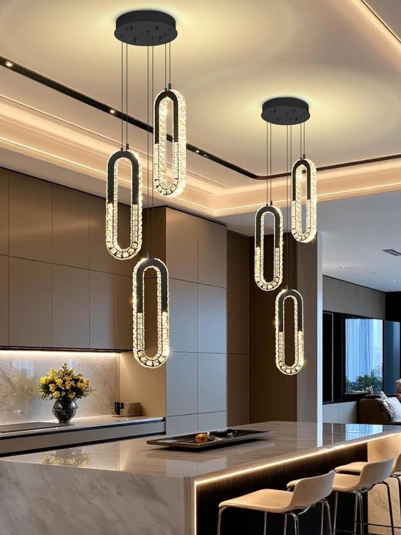 Modern Crystal Chandeliers LED Pendant Lighting Ring Black Flush Mount Ceiling Lights Fixture Mini Chandeliers for Dining Room Kitchen Island Hallway (3 Rings New)