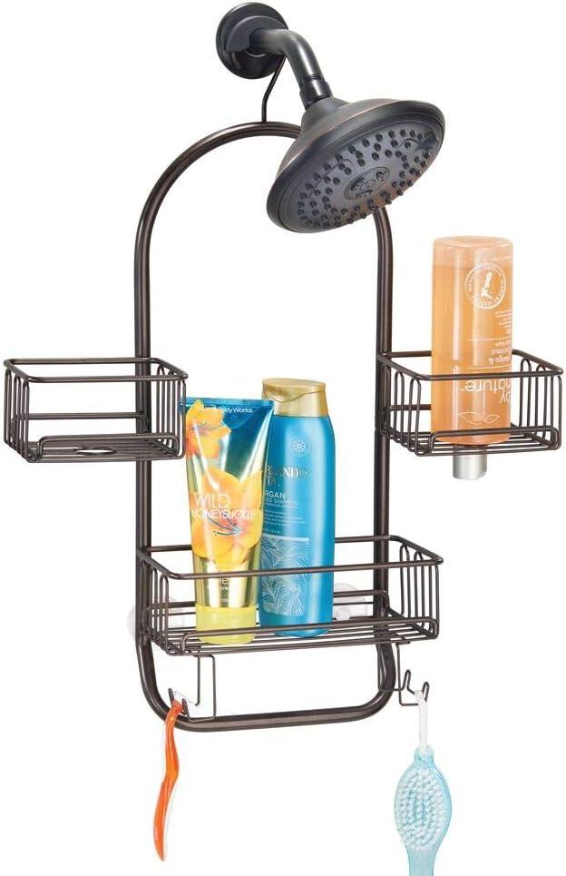mDesign Modern Metal Wire Bathroom Tub & Shower Caddy, Hanging Storage Organizer Center - 2 Wash Cloth/Razor Hooks, 3 Baskets - for Bathroom Shower Stalls, Bathtubs - Rust Resistant - Bronze