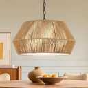 ELYONA 20" Large Rattan Chandelier Light Fixtures, 4-Lights Boho Pendant Light, Adjustable Woven Chandelier for Dining Room with Fabric Shade, Rustic Hanging Light for Kitchen Island,Living Room