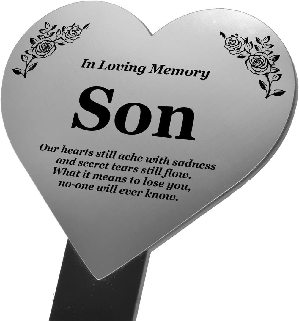Son Heart Memorial Remembrance Plaque Stake - Metallic SILVER/GOLD Acrylic, Waterproof, Outdoor, Grave Marker, Tribute, Plant Marker. Shipped Globally. (Silver)