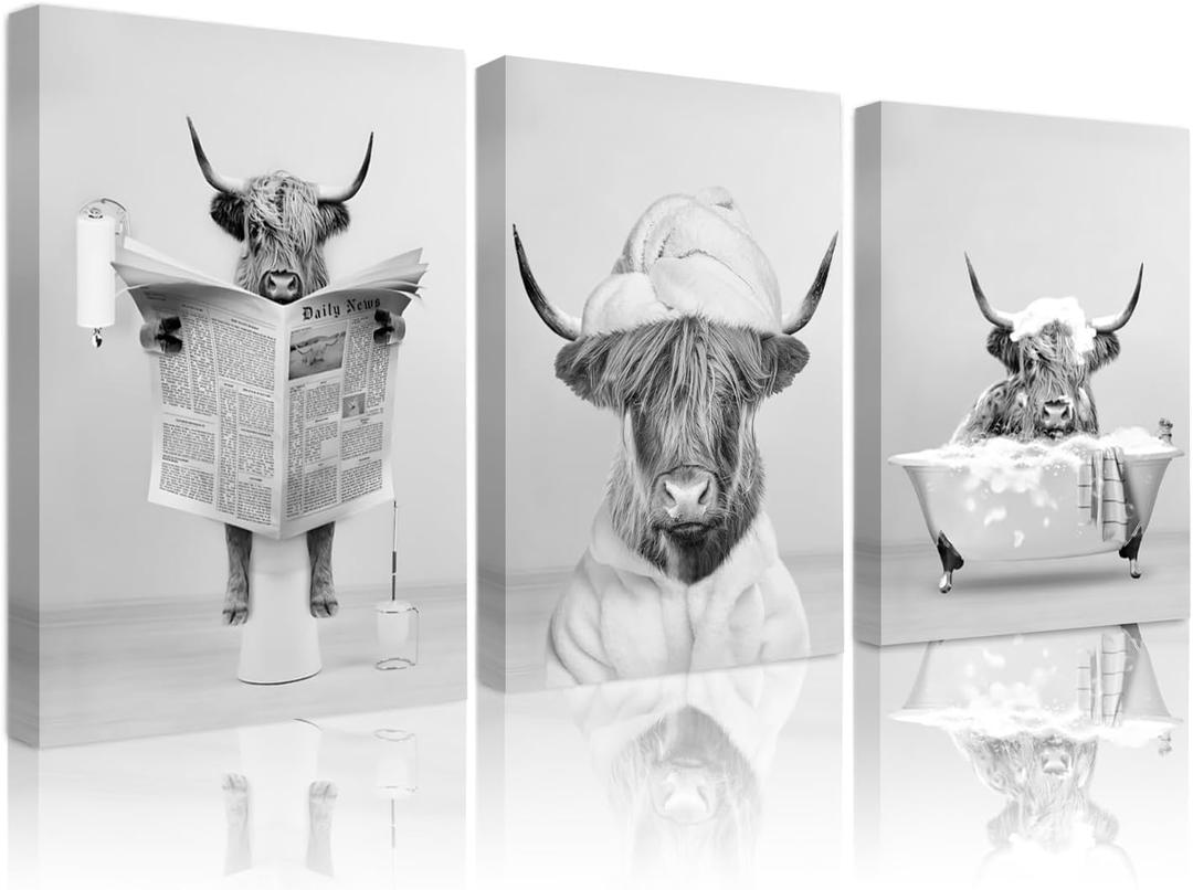 3pcs Framed Funny Black and White Highland Cow Wall Art Humor Animals Bathroom Artwork Prints for Bathroom Living Room Apartment Bedroom Office Hotel Wall Decor Ready To Hang 16x24in