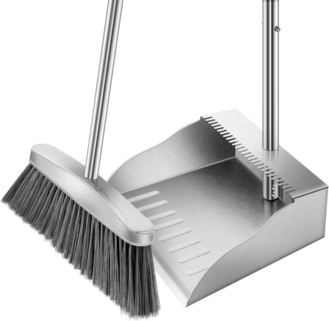 Metal Broom with Dustpan Combo Set-Long Handle Broom with Dustpan,Heavy Duty Standing Dust Pan & Soft Bristles Brooms,Indoor Outdoor Dust Pan Brooms for Home Office Lobby Floor