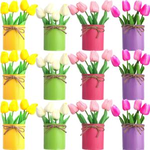 Domensi 12 Pack Spring Centerpieces for Table Office Decoration 48 Pcs Mother's Day Artificial Tulip Bulk with 12 Metal Pot PU Faux Flowers in Vase Floral Bouquet for Office Work Home Table Decor