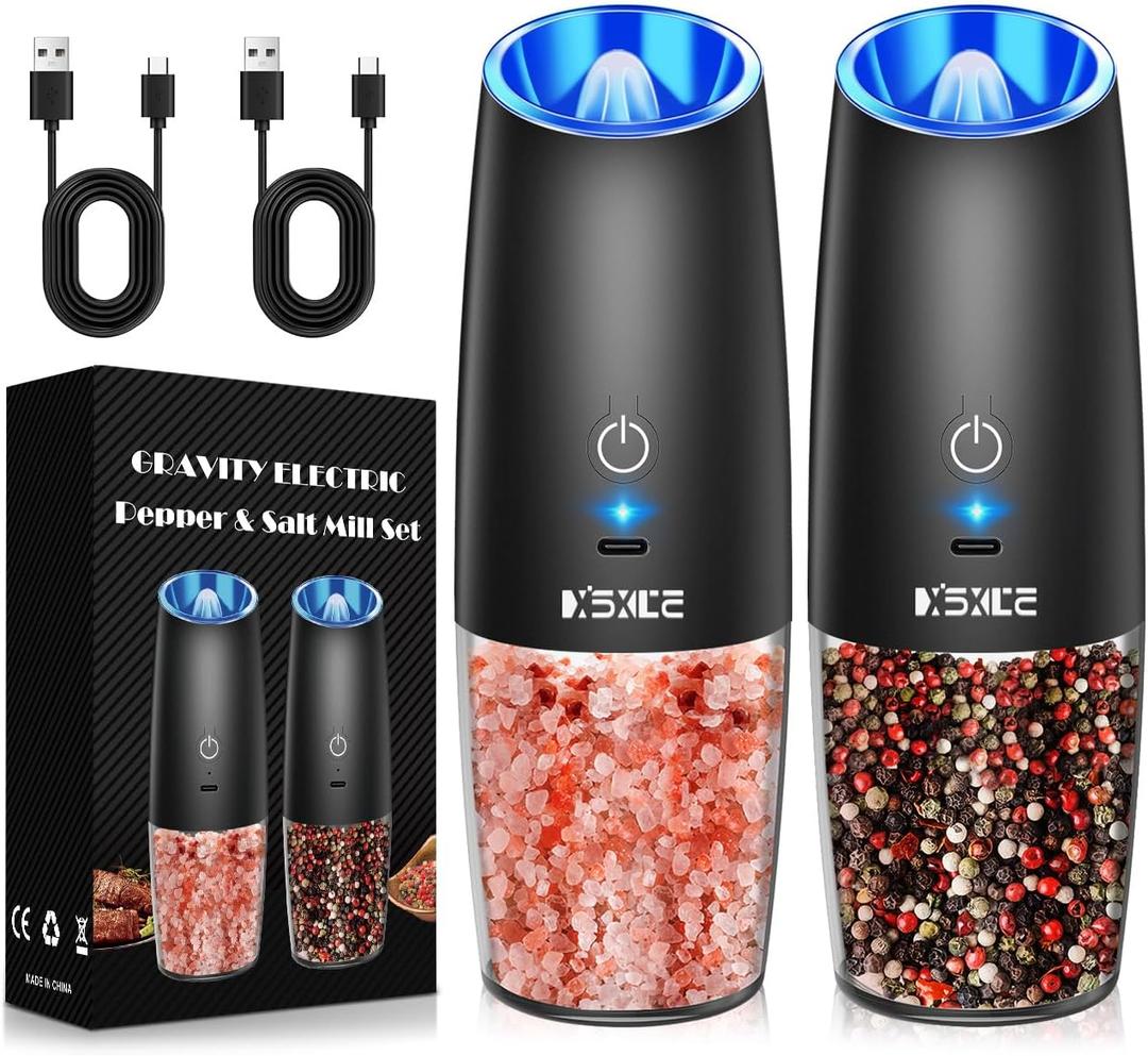 Rechargeable Pepper and Salt Grinder Set, whit Gravity Sensing Switch and LED Light, One Hand Automatic Operation -Black/2 Pack
