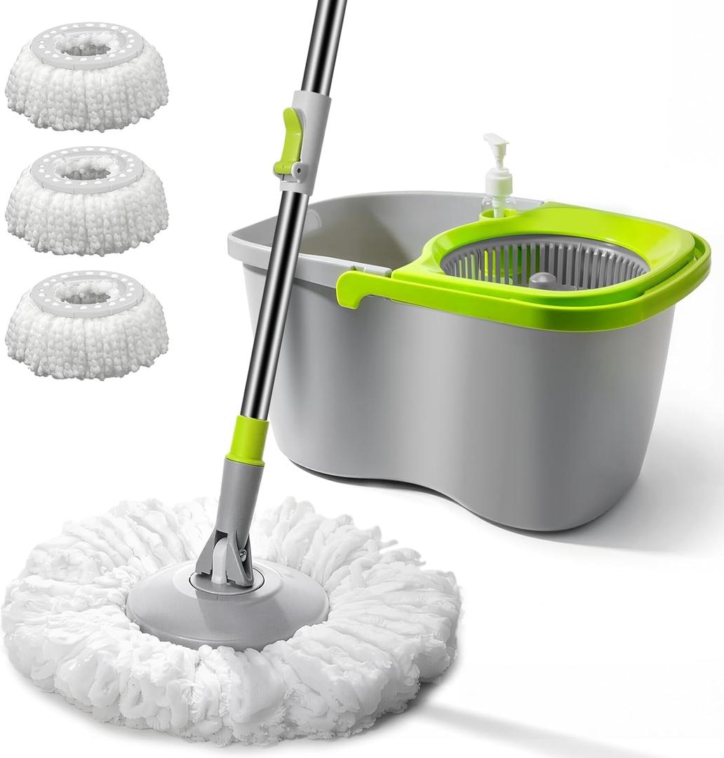 MASTERTOP Small Mop and Bucket with Wringer Set, Spin Mop Cleaning System with 3 Mop Pads,Spinning Mop Bucket for Floor Cleaning, 50.4" Extended Handle (Gray + Green)