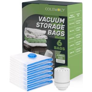 Colemoly Vacuum Storage Bags (6 Jumbo Pack) Space Saver Bags with 1 Electric Air Pump Vacuum Seal Bags Compression Bags for Clothes Blanket Duvets Pillows Comforters Travel Moving