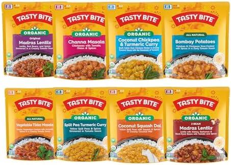 Tasty Bite Variety, Pack of 9, Madras Lentils, Bombay Potatoes, Vegetable Tikka Masala, Channa Masala, 3Bean Madras Lentils, Split Pea & Turmeric Curry, Coconut Squash Dal, Chickpea Coconut and Turmeric Curry, Best By: 04/30/26