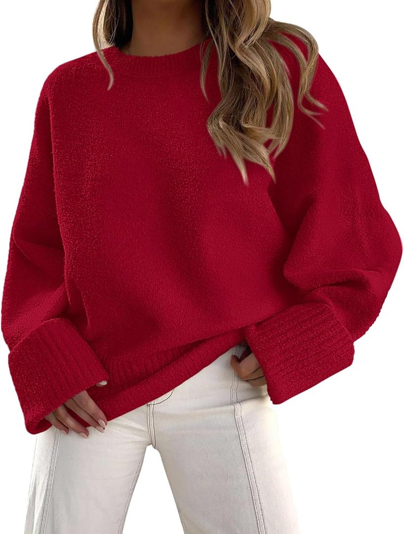 PRETTYGARDEN Women's Fall Oversized Sweaters Casual Crewneck Pullover Long Sleeve Fuzzy Chunky Knit Tops Blouse (Medium, Red)