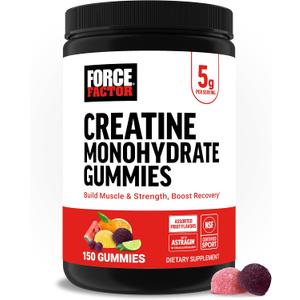 Force Factor Creatine Monohydrate Gummies, NSF Certified, 5g Dose for Men & Women to Support Muscle, Strength, Recovery, Cognitive Health & Memory, Assorted Fruit Flavors, 150 Gummies (EXP 06/01/27)