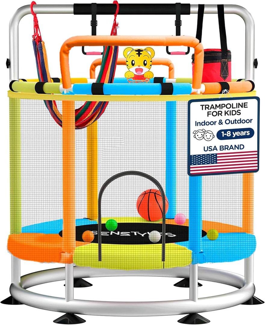 Trampoline for Kids with Safety Enclosure Indoor and Outdoor mini Trampoline for Kids Anti Rollover Round Base Double Safety Handles 220 lbs Capacity ASTM Tested Easy Assembly Gift