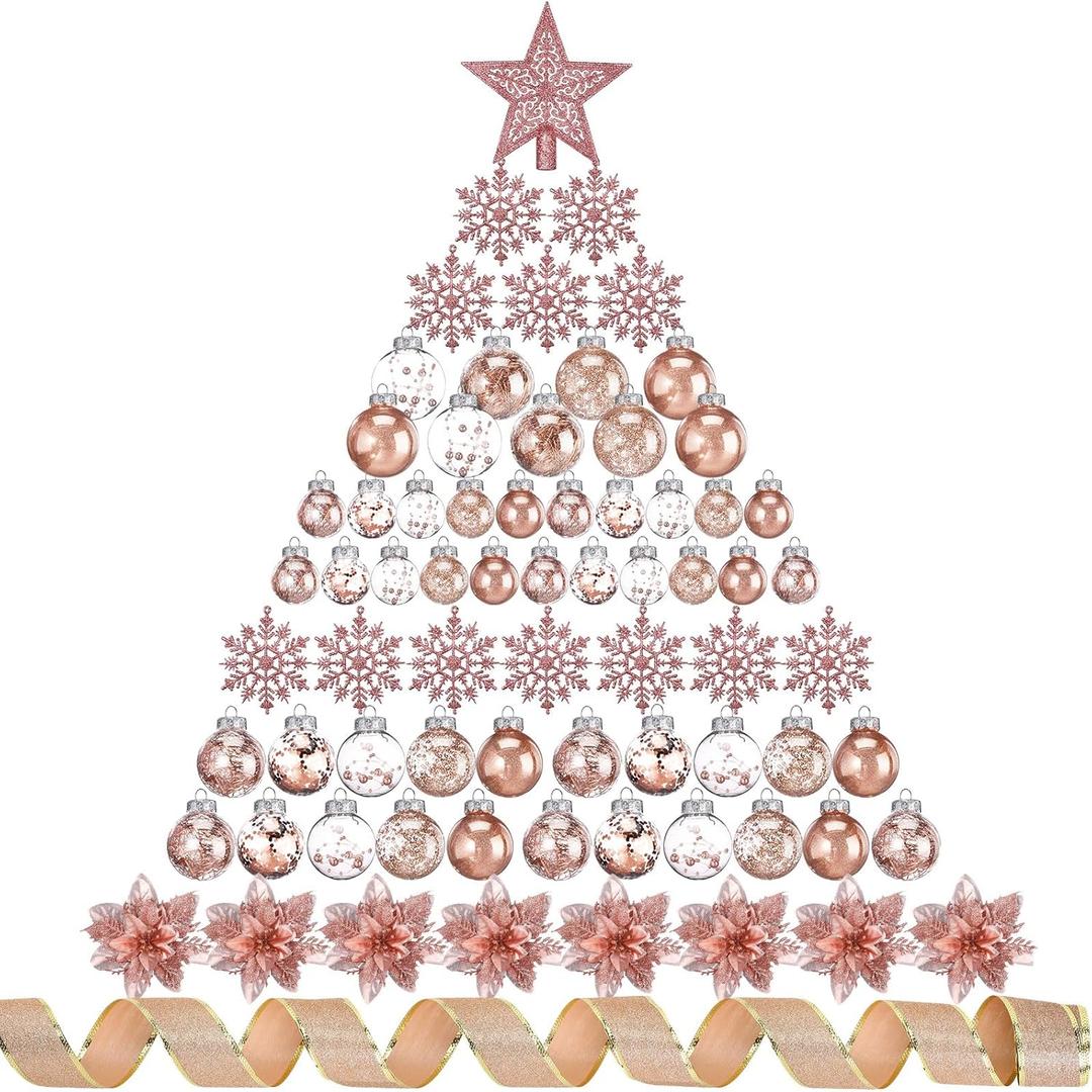 Jenaai Rose Gold 74 Pcs Christmas Ball Ornaments Set Plastic Shatterproof Christmas Tree Decorations with Hanging Snowflakes Ribbons Artificial Poinsettia Flowers Tree Topper for Xmas Decor