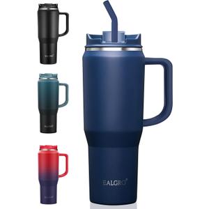 EALGRO Insulated Coffee Mug Cup with Lid, 40 oz Tumbler with Handle and Straw, Double walled Stainless Steel Coffee Tumbler, Thermal Water Bottle Jug, Navy Blue