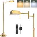 Dimmable Pharmacy Floor Lamp with Remote, 15W Gold LED Reading Floor Lamp with 360Swing Arm, 3 Color Temperature, Height Adjustable Standing Task Lamp for Living Room, Bedroom, Office, Antique Brass