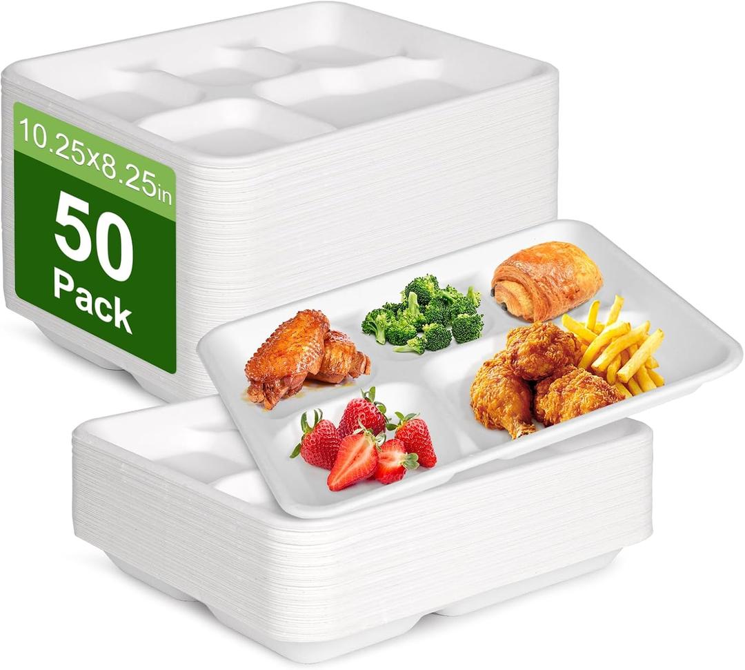 Compostable 5 Compartment Plates Disposable, 10.25 x 8.25 inch, [50-Pack] Heavy Duty Paper Plates with dividers, Sturdy School Lunch Trays, White Large Paper Dinner Plates for Buffet Party