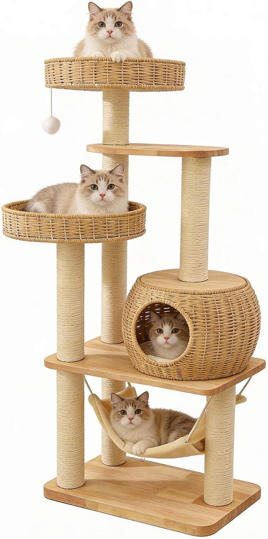 55" Wood Cat Tree for Indoor Cats Large Adult,Tall Cat Tower with Scratching Post and Cozy Hammock for Large Cat,Multi-Level Modern Cat Condo with Hand-Woven,Easy to Assemble and Clean
