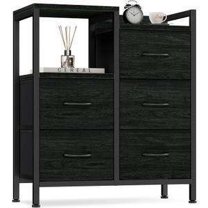 Furnulem 5 Drawer Black Dressers for Bedroom 2 Tier Shelf Storage Small Fabric Dresser for Closet Sturdy Metal Frame Modern Style Storage Cabinets Organization Units for Hallway Rooms