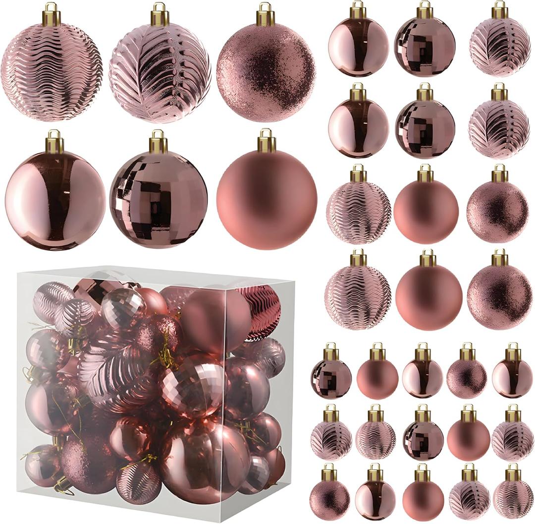 Prextex 36-Pieces Champagne Christmas Ornaments Set - Shatterproof, Festive Christmas Balls Decorations in 3 Sizes and 6 Styles with Hanging Loops for Tree, Wreath, and Dazzling Holiday Party Decor