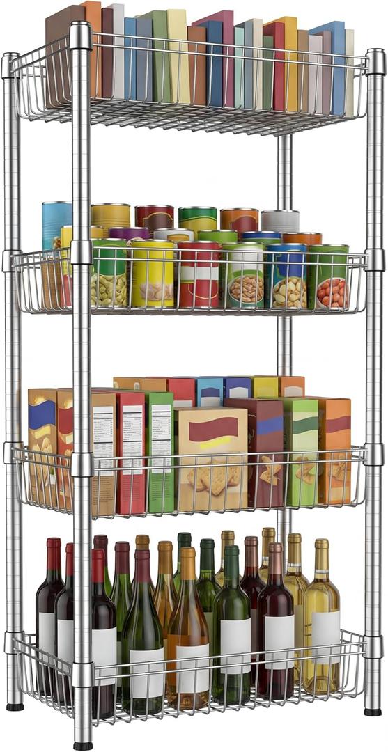 4 Tier Basket Shelf Wire Shelving Unit Adjustable Metal Storage Rack Storage Shelving Standing Shelf Units Heavy Duty Organizer for Pantry Kitchen Bathroom Closet Laundry Utility Room 14"Dx24"Wx47"H, 4-Tier-Silver[14" D x 24" W x 47.25" H]