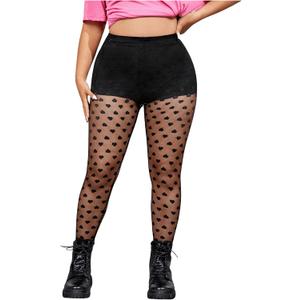 OYOANGLE Women's Plus Size Heart Print Mesh Sheer Pantyhose High Waist Control Top Stockings Footless Tights Black 3X-Large Plus