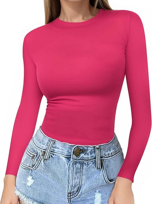 MANGOPOP Crew Neck Long Sleeve T Shirts for Women Fitted Shirts Tight Neck T Shirts Basic Tee Tops (Medium, Pink)