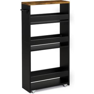 TEAMIX 4 Tier Slim Storage Cart with Handle, Small Kitchen Cart for Narrow Places,Rolling Laundry Cart on Wheels for Small Spaces (5-1/2'' W, Black+brown)