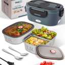 Heated Lunch Box, 80W Electric Lunch Box with Two 1.5L Stainless Steel Interchangeable Containers and Lids, 12V/24V/110V Food Warmer with Utensils and Insulated Bag for Car/Truck/Office (Black)