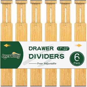 Lzerking Kitchen Drawer Dividers 6 Pack, 17-22" Adjustable Bamboo Drawer Organizers Large, Spring Loaded, Expandable Utensil Organizer, Works in Kitchen, Dresser, Closet, Bathroom, Bedroom