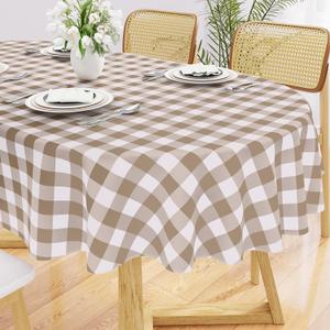 Smiry Oval Table Cloth, Waterproof Vinyl Tablecloths with Flannel Backing, Wipeable Buffalo Plaid Table Cover for Picnic, Indoor and Outdoor (Khaki & White, 60"x84")