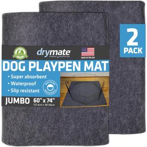 Drymate 2-Pack Jumbo Dog Playpen Mat (60x74), Absorbent, Waterproof, Slip-Resistant, Machine Washable, Reusable Puppy Pad for Training, Whelping, Housebreaking, Incontinence, Crate, Kennel (USA Made)