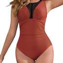 Cromi Tummy Control One Piece Swimsuit for Women Mesh V Neck Ruched Slimming Bathing Suit with Adjustable Straps Brown XL (XL)