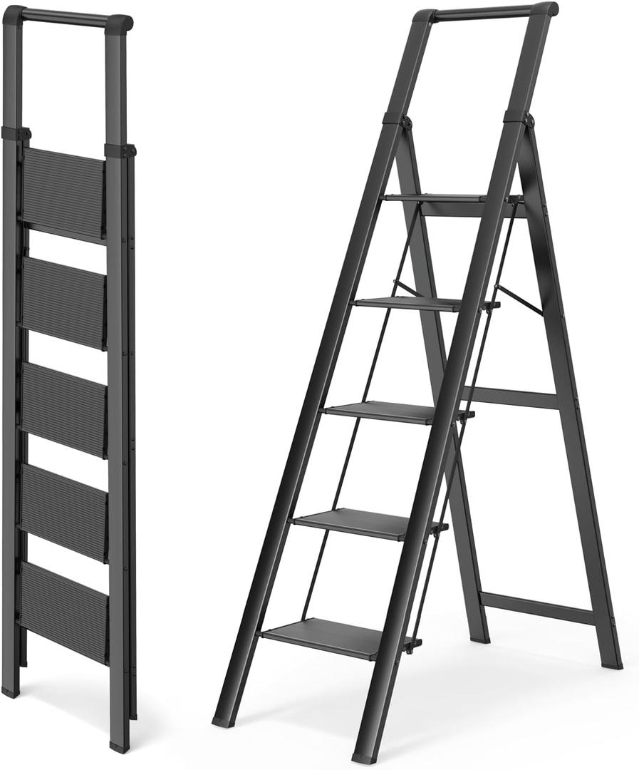 WOA WOA 5 Step Ladder, Ladders for Home, Anti-Slip Pedals, Step Stool Foldable, Lightweight to Move, Ease of Storage, Reach 10ft for Closet Kitchen Library, Hold 300lbs - Black