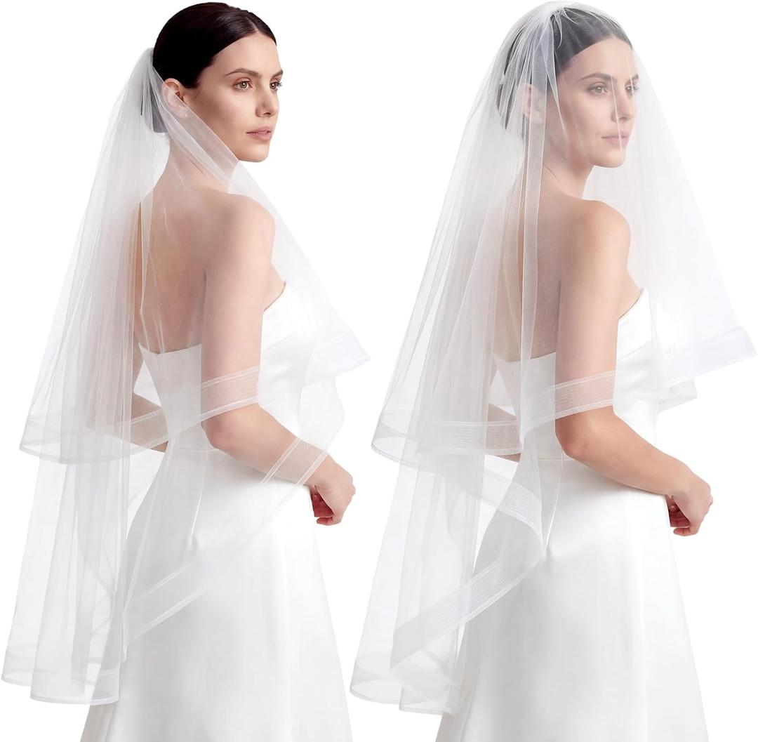 Jiuguva White Bridal Veil 2 Tier Wedding Veil with Horsehair Trim Comb Tulle Veils for Brides Shower Wedding Party Gift