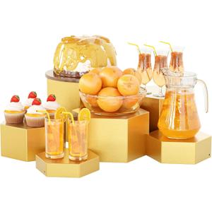 Metal Buffet Risers,6PCS Hexagonal Jewelry Display Risers 2.76 in to 4.02 in Market Display Stands Metal Showcase for Catering Dessert Figures Decoration (Gold, 2.76IN to 4.02IN)