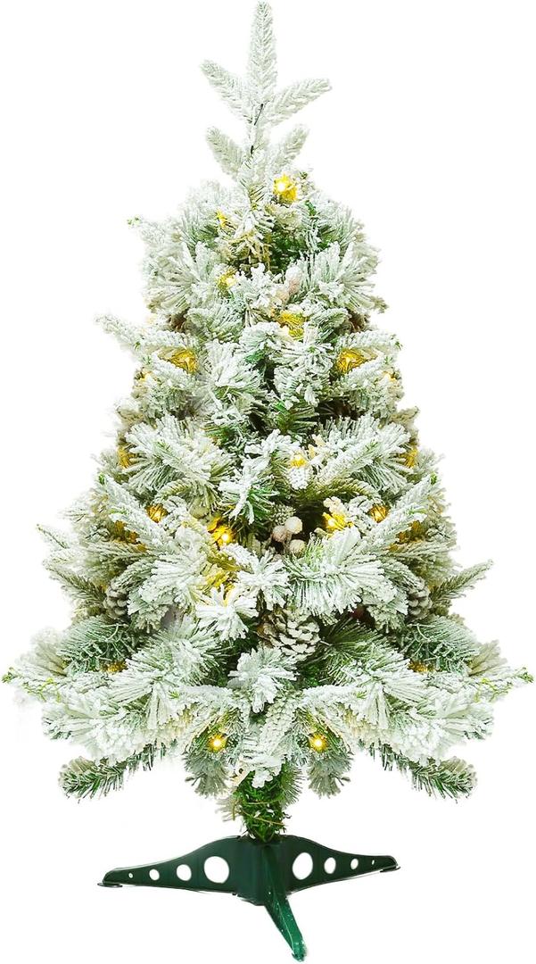 Joyhalo 3ft Flocked Table Top Small Christmas Trees Prelit with 50 Warm White Lights 155 Branches, Tiny Artificial Xmas Trees for Outdoor Porch Indoor Home Office