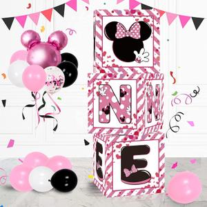 1st First Birthday Party Favors Balloon Boxes Supplies for Baby, Girls 3Pcs Pink Mouse Theme One Year Old Balloon Boxes, 'ONE' Letters Balloon Arch Kit for Party Decorations