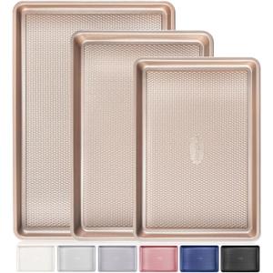 HONGBAKE Baking Sheet Pan Set of 3, Cookie Sheets for Oven, Nonstick Half/Quarter/Jelly Roll Pans with Diamond Texture Pattern, 0.8mm Thick Heavy Duty Cookie Tray, Champagne Gold
